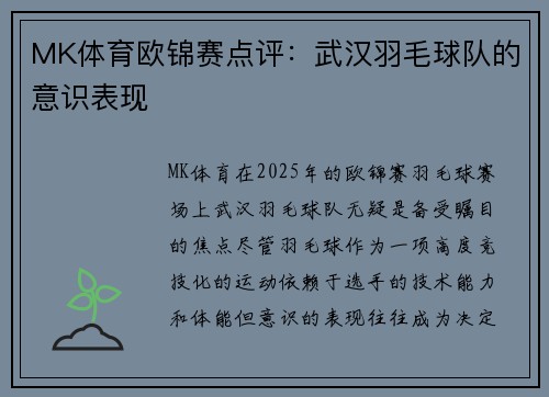 MK体育欧锦赛点评：武汉羽毛球队的意识表现